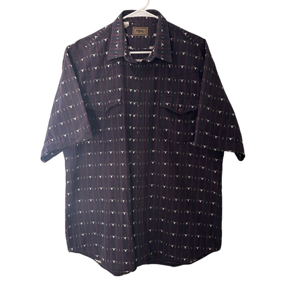 Roper Vintage Navy Steer Pearl Snap Western Short Sleeve pocket Shirt T1